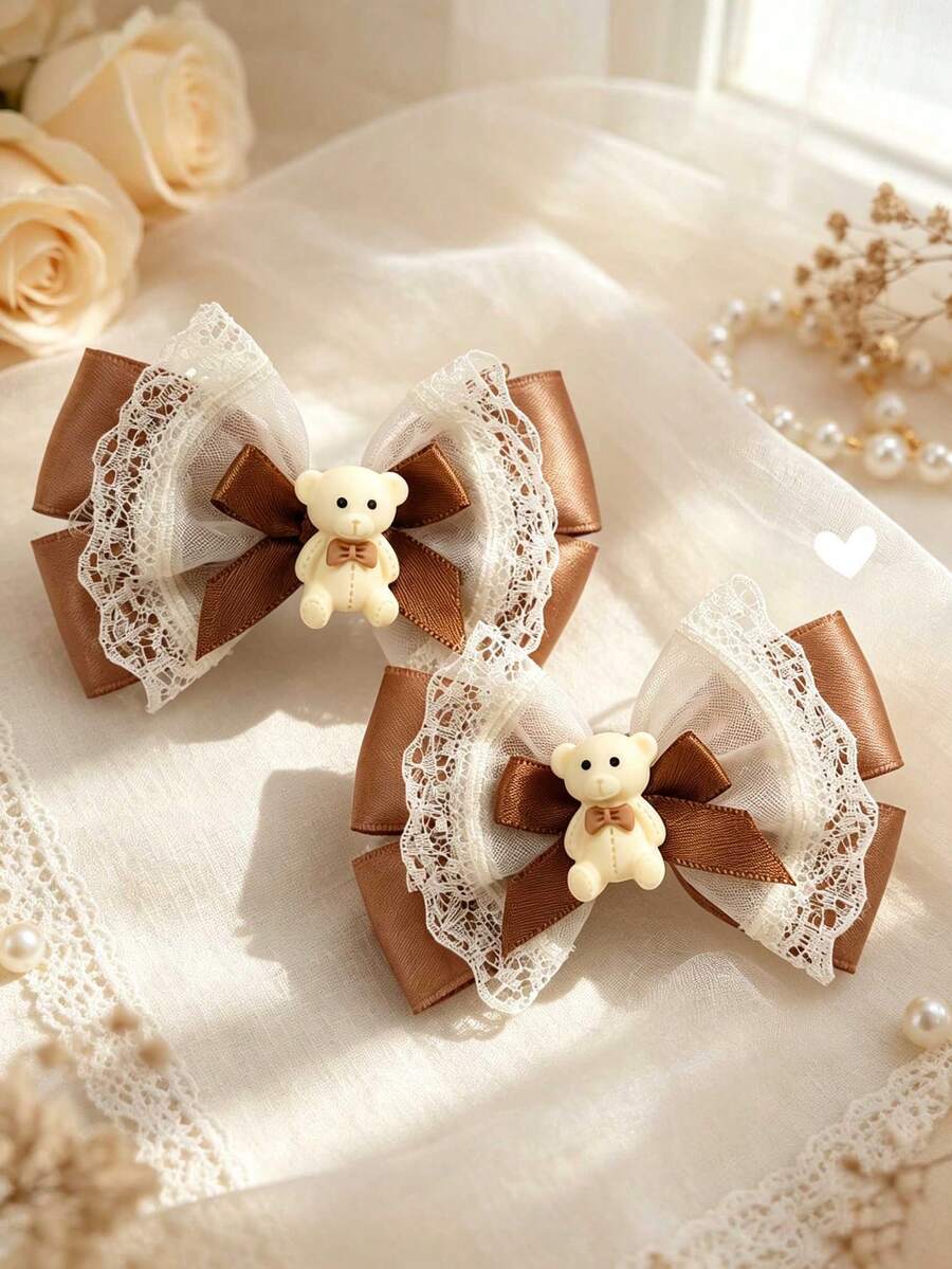 2pcs Beige Lace Girls Hair Bows, Cartoon Bear Decor, Satin Ribbon Bow Clips, Vintage Sweet Daily Hair Clips, Children Hair Accessories - Multicolor - View 1