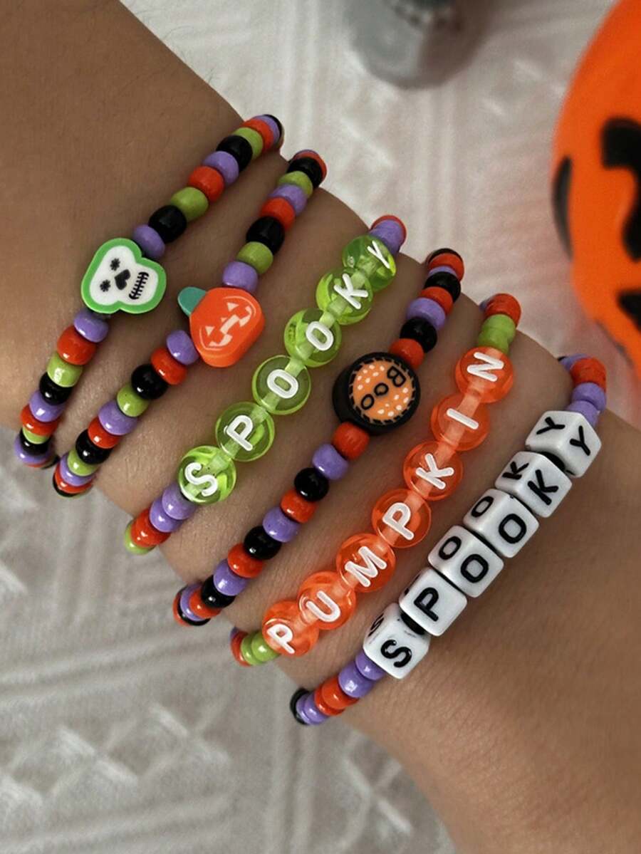 6pcs/Set Halloween Stackable Bracelets, Holiday Party Pumpkin Ghost Skull Letter Beaded Elastic Wristbands - Multicolor - View 1