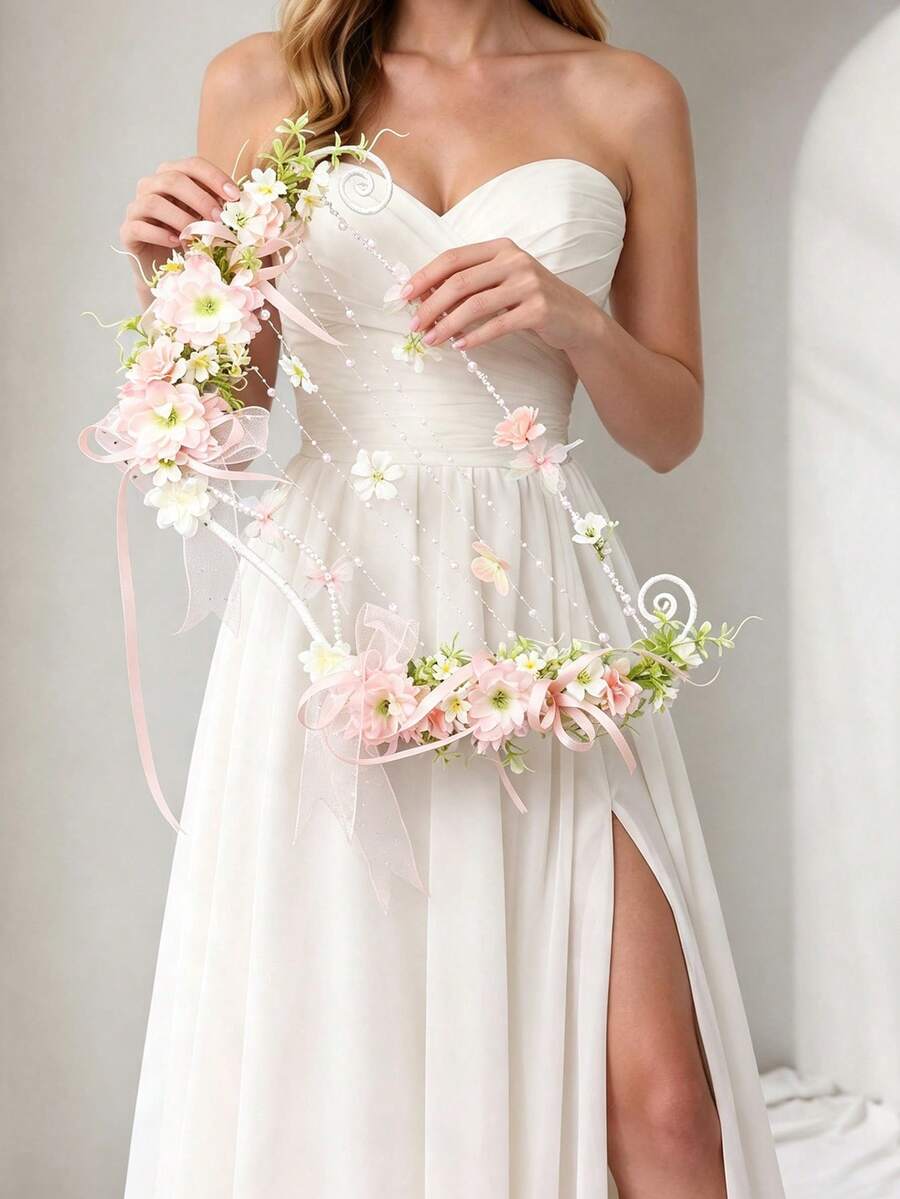 1pc Bohemian Style Bow-Shaped Creative Handheld Bouquet, Pink And White Floral Mesh Ribbon Pearl String, Forest Theme Wedding Photography Prop - Multicolor - View 1