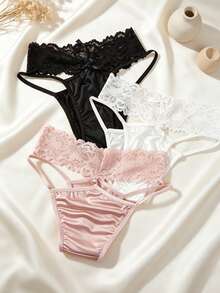 Mystèrelle 3pcs Floral Lace Waistband T-Back Panties With Bow Decor Spaghetti Strap Women's Underwear - Multicolor - View 5