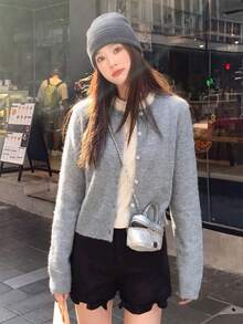 Autumn/Winter New Korean Style Casual Knit Cardigan, Sweet Grey Round Neck Open Front Soft Cropped Fitted Button-Up Solid Color Outerwear - Grey - View 2