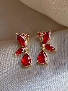1 Pair Luxury Delicate Butterfly Decor Earrings Suitable For Women's Party And Gathering Wear - Golden Yellow + Red - View 1