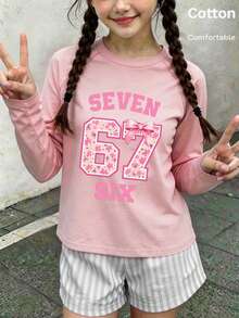 Autumn Girls Long Sleeve T-Shirt With Pink Letter SEVEN SIX Floral Number 67 Print And Bow Accent, Crew Neck Raglan Sleeve Soft Fabric - Baby Pink - View 4