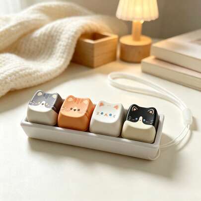 Cat/Puppy Button Keychain – Rectangular 4-Button Keychain Featuring A Cat-Shaped White Base; An Ideal Gift For Parties And Holidays (Halloween, Thanksgiving, Christmas, Or Easter).
