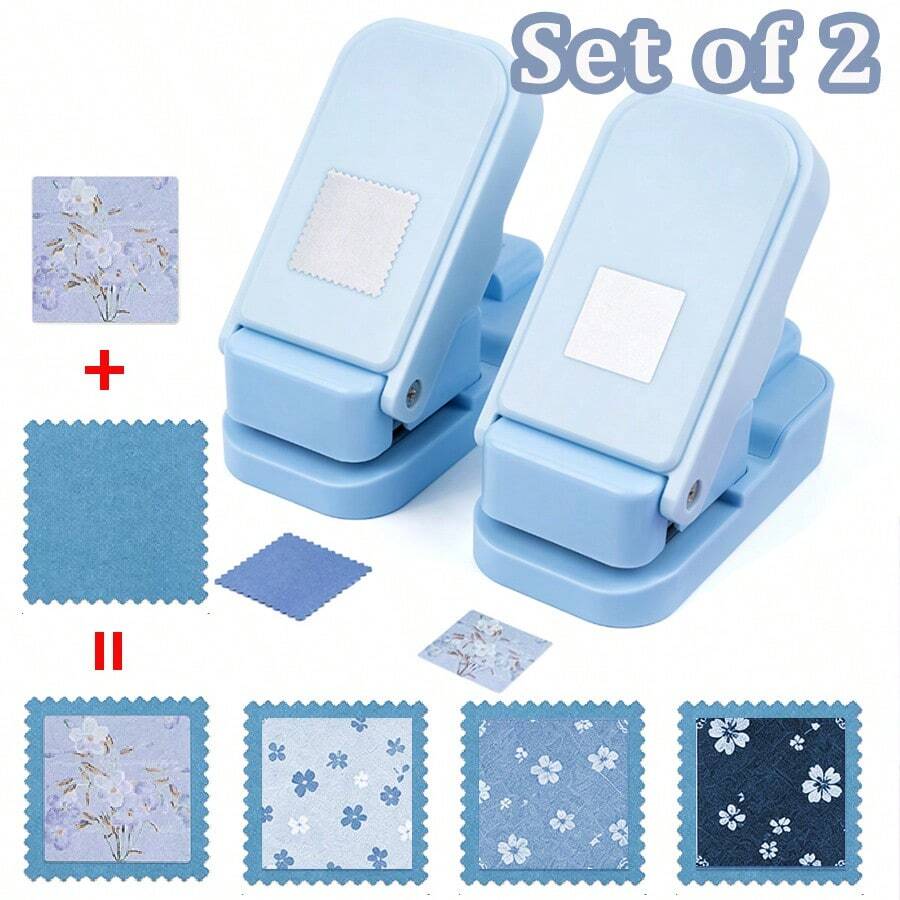 2件組（1件鋸齒邊正方形打孔器 + 1件實心正方形打孔器）分層鋸齒邊正方形紙張打孔器，適用於垃圾日記與剪貼簿，印章風格嵌套手工打孔器，精確對齊鏤空設計，適用於卡片製作 - 藍色