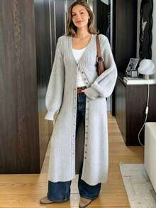كارديجان صوف طويل محبوك للنساء، معطف طويل بأكمام طويلة وياقة على شكل حرف V بتصميم مضلع، مناسب للارتداء في الخريف/الشتاء - رمادي فاتح - مشاهدة 2