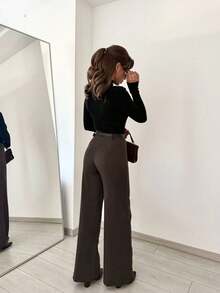 SMILE CHI Women's Casual Elastic Straight Leg Dress Pants, Autumn Back To School, Commute Daily Office Wear (Belt Not Included) - Brown - View 6