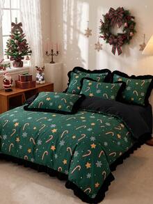 2/3pcs Ruffled Duvet Cover Set, Christmas Bedding, Green Candy Cane Snowflake Star Print Bedding Set, Cozy Room Decor, Skin-Friendly & Breathable, Supersoft& Anti-Pilling, No Insert, Fits Twin Full King Queen, All Seasons, Machine Washable - Multicolor - View 2