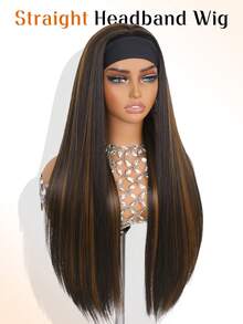 Synthetic Headband Wig For Women Half Wig Black Mixed Brown Highlight Wig Wear And Go Glueless Wig Long Straight Heat Resistant Fiber Daily Party 26 Inch - Multicolor - View 2