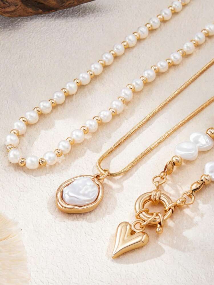 3pcs Luxury Elegant Baroque Irregular Faux Pearl Beaded Necklace, Fashionable Ins Style Heart-Shaped Pendant Collarbone Jewelry - Gold - View 4