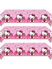 DOBBLE Pink Strawberry Print Cartoon Cat Style Rectangle Tablecloth, Disposable Waterproof Table Cover For Little Girls Birthday Party Dessert Table Favors - Multi-color - View 7