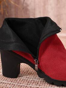 Women's Autumn/Winter Solid Color Side Zipper Chunky Heel Ankle Boots, Fashion Thick Platform Waterproof Versatile Western Style Side Zipper Chunky Heel Holiday Outdoor - Red - View 8