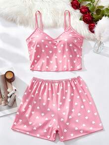 2pcs/Set Women's Christmas Pajamas Red Summer Cute Pajama Top Sexy Camisole Shorts Full Print Heart Pattern Homewear Sleepwear Set Back To School - Baby Pink - View 6