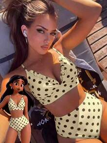 New Summer Women's Polka Dot Print Elegant 2 Pieces Bikini Set, With Ruffle Lace, Suitable For Beach Vacation - Cream - View 2