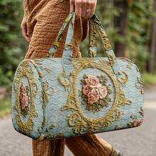 1pc Light Gray-Blue Quilted Cylinder Handbag With Baroque Rose Gold Pattern, Women's Halloween Thanksgiving Christmas Gift - Multicolor - View 3