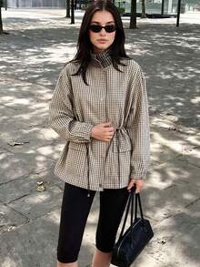 Women Casual Long Sleeved Female Jacket Drawstring Loose Women's Trench Collar Fashion Single Breasted Pocket Outerwear - Khaki - View 1