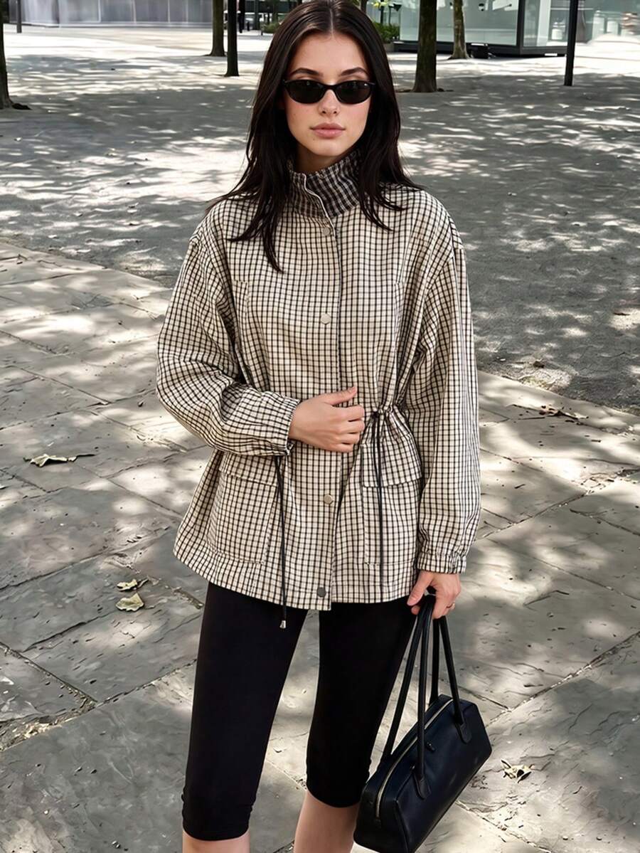 Women Casual Long Sleeved Female Jacket Drawstring Loose Women's Trench Collar Fashion Single Breasted Pocket Outerwear - Khaki - View 1