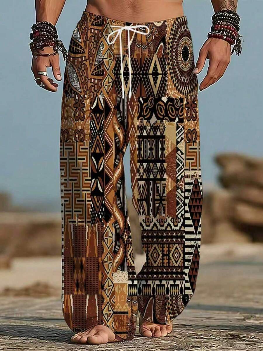 Men's African Totem Patchwork Print Wide Leg Pants, Drawstring Elastic Waist, Loose Lightweight Beach Vacation Casual Long Pants - Multicolor - View 1