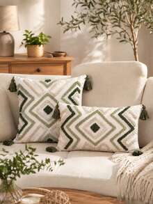 1pc/2pcs Bohemian Flocked Diamond Throw Pillow Cover With Tassel Corners, Rhombus Geometric Pattern, Olive Green & Sage Green, 18x18 Inch & 12x20 Inch, Suitable For Living Room Sofa, Bedroom Bed, Headboard, Outdoor Garden, Farmhouse Party Decor (Pillow Insert Not Included) - Green - View 10