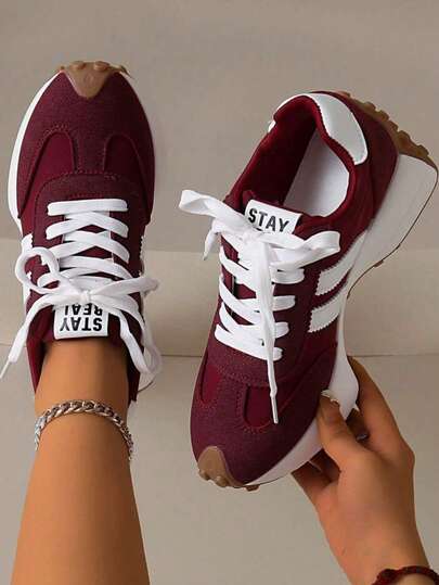 SOCTU Women's Round Toe Colorblock Fashion Lace-Up Thick Sole Student Style Height-Increasing Casual Comfortable Running Sports Shoes