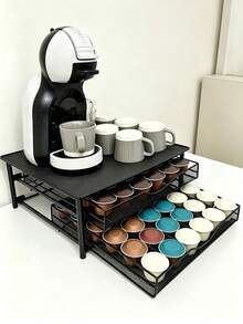 2‑Tier Iron Coffee Capsule Storage Drawer, Metal Mesh Coffee Pod Holder, 72‑Capsule Capacity Pull‑Out Organizer Stand For Coffee Machine Countertop, Non-Slip Tabletop, Black Coffee Pod Storage Rack For Home Kitchen Coffee Bar - Black - View 6
