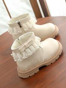 Girls' White Ankle Boots, College Style, Mesh Frill Trim With Pearl Bow, Side Zipper For Easy On/Off, Thick Textured Non-Slip Sole, Versatile Kids' Shoes For School Uniforms In Autumn/Winter - White - View 3