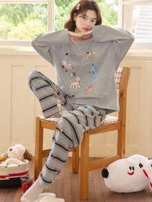 2pcs/Set Women's Pajamas Loungewear Set, Cute Animal Print Pullover Round Neck Casual Long Sleeve Cropped Pants, Comfortable For Home Wear - Grey - View 2