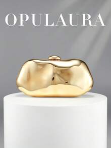 OpulAura Gold European Style Women's Acrylic Minaudiere Clutch, Asymmetric Box Design With Color-Block Clasp, For Parties, Banquets, Valentine's Day - Gold - View 1