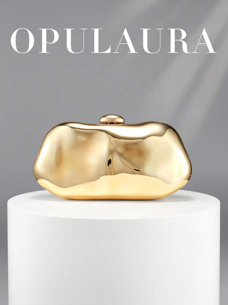 OpulAura Gold European Style Women's Acrylic Minaudiere Clutch, Asymmetric Box Design With Color-Block Clasp, For Parties, Banquets, Valentine's Day - Gold - View 1