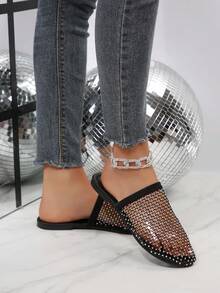 Summer New Niche Minimalist Hollow Rhinestone Flat Slide Sandals For Women, Fashionable Slip-On Mesh Breathable Closed-Toe Half-Slippers - Black - View 8