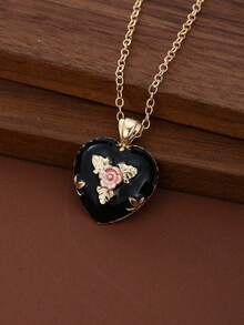 1pc Black Gothic Heart-Shaped Necklace,For Men's Jewelry Accessories With Leaf Design Element In The Center Of The Pendant,Must-Have Item For Outings - Necklace - View 7