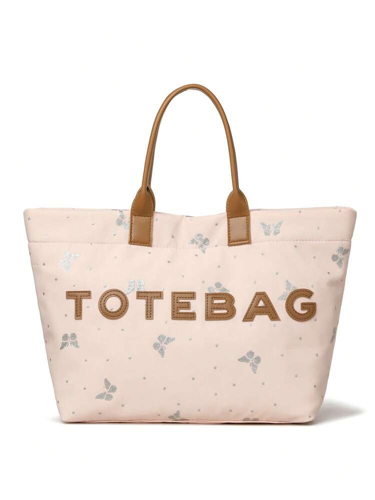 New Women's Tote Bag Nylon Fabric Butterfly Print Letter Pattern Handbag Large Capacity For Outing Commuting Shopping - Pink - View 4