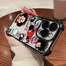 Funda de teléfono de lujo europea y americana, semitransparente, con diseño de dibujos animados, elegante, con lazo, estilo Mafalda, adecuada para iPhone 16, 16e, 15, 14, 13, 12 Mini, 11 Pro Max, X, XR, XS Max, 8, 7 Plus, con marco negro, cubierta trasera transparente anticaída, diseño premium. - Color 1 - Ver 3