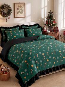 2/3pcs Ruffled Duvet Cover Set, Christmas Bedding, Green Candy Cane Snowflake Star Print Bedding Set, Cozy Room Decor, Skin-Friendly & Breathable, Supersoft& Anti-Pilling, No Insert, Fits Twin Full King Queen, All Seasons, Machine Washable - Multicolor - View 6