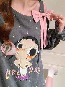 Bow Cold Shoulder Cartoon Cute Print Long Comfortable Soft Women's Nightgown - Dark Grey - View 3