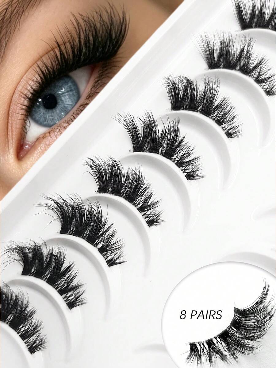 Asiteo 8 Pairs Half Striped False Eyelashes, Natural Extension Cat Eye Lashes, Short Soft 3D Mink Lashes, Transparent Band, Criss-Cross Fluffy Lashes, Suitable For Daily And Party Makeup - Black - View 1