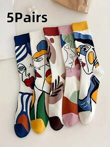 5 Pairs Unisex Couples Abstract Oil Painting Socks, Breathable Sweat-Absorbing Long Socks, Minimalist European & American Style Graffiti Deodorizing Mid-Calf Socks, Suitable For All Seasons, Autumn/Winter Christmas Gift - Random 4 Pairs - View 10