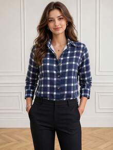 SwallowLucky Plus Size Plaid Shirt With Houndstooth Pattern, Front Button-Down, Pocket, Button-Up, Plaid Buttons, College Style, Casual Wear - Blue - View 5