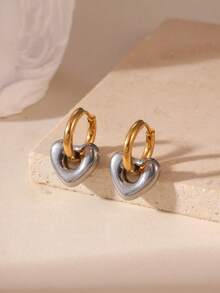 GEREIT 2pcs 18K Gold Stainless Steel Dual-Tone Heart & Flower Hoop Pendant Earrings - Multicolor 1 - View 4