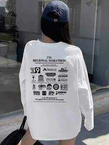 Kaos Lengan Panjang Wanita Longgar, Modis, Serbaguna dengan Motif Huruf, Warna Putih Kasual untuk Musim Semi/Gugur - Putih - View 2