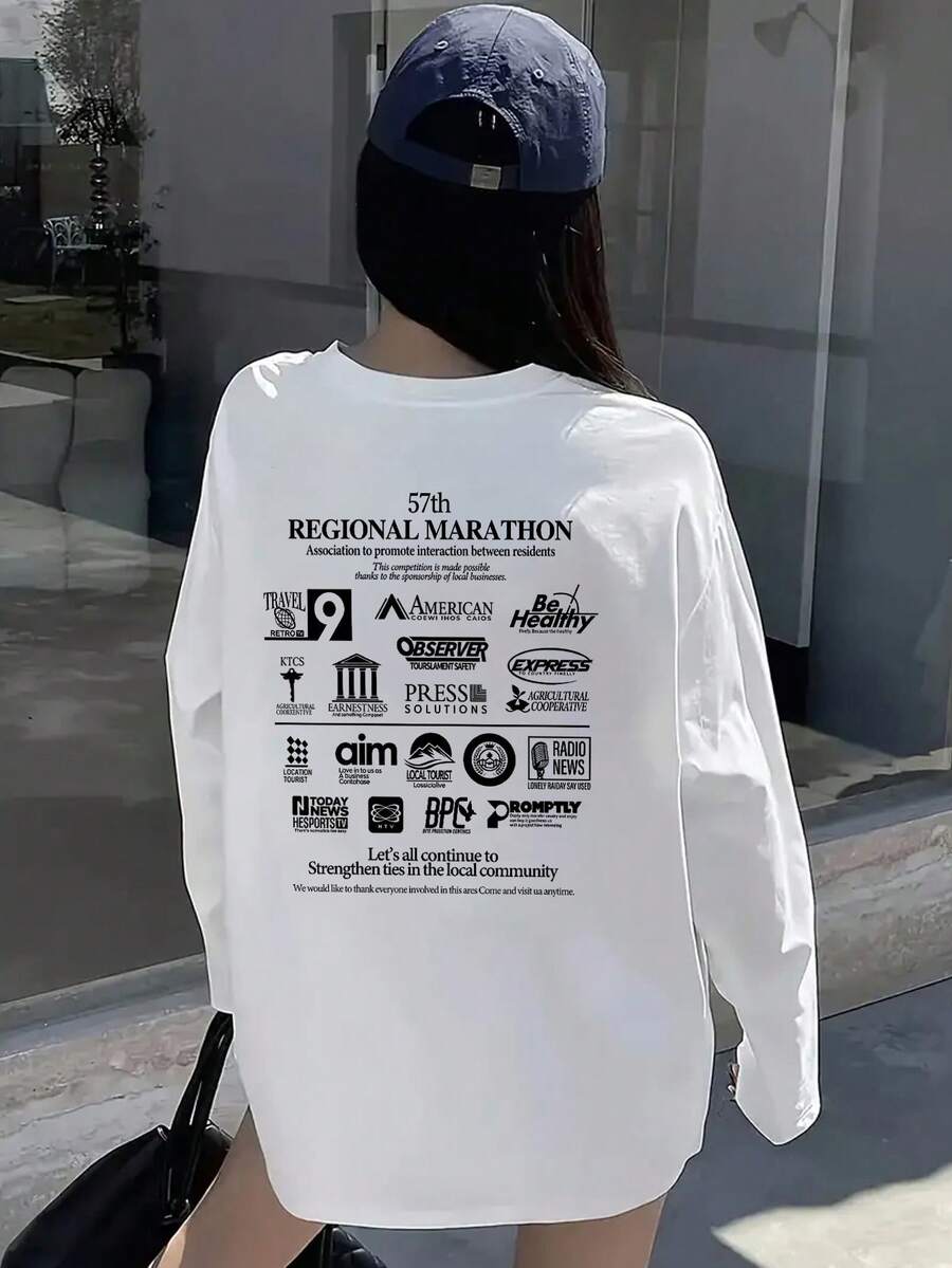 女款寬鬆時尚百搭字母印花長袖T恤,春秋休閒白色 - 白色 - 查看 1