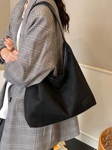 秋冬新款女款麂皮PU肩背托特包，時尚百搭大容量收納肩背包/通勤包 - 黑色 - 查看 3
