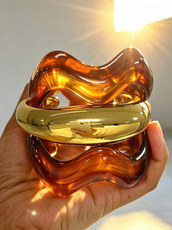 3pcs/1pc Vintage Elegant Fashion European American Ins Style Geometric Asymmetrical Design Wavy Coffee Brown Resin Acrylic Marbled Stackable CCB Curved Smooth Surface Bracelet Set, Minimalist Personalized Y2K High-End Stackable Jewelry Suitable For Women And Men, Autumn Winter All Seasons, Vacation, Party, Date, Gift, Daily Wear, Versatile Jewelry