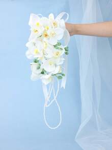 1pc Bohemian Style White Lily Water Drop Cascade Bridal Bouquet, Satin Ribbon Pearl Tassel, Wedding Photography Prop - White - View 5