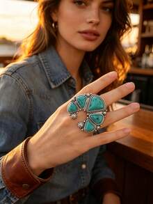 1pc Half Moon Shaped Ring, European & American Western , Multi-Color Cracked Faux Turquoise Inlay, Distressed Silver-Tone, Vintage Adjustable Open Band Women's Large Ring - Ring - View 2