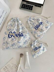 (刺繡客製) 1件/組可愛粉色蝴蝶結印花旅行護膚抽繩收納袋，化妝包，內衣衣物收納袋，衛生棉收納袋，短途旅行必需品，旅行收納盒套裝，收納方塊套裝，行李收納袋套裝，學校用品，大學宿舍必需品 - 淺藍色 - 查看 2