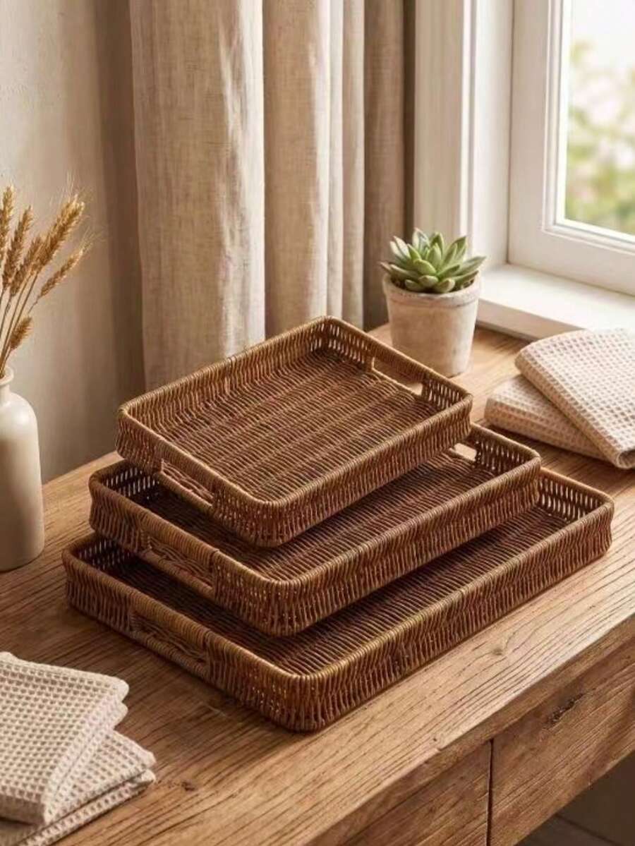 Rectangular Imitation Rattan Serving Tray Set, Hand Woven Wicker Storage Tray With Cutout Handles, Multipurpose Organizer For Kitchen Coffee Table, Farmhouse Boho Home Decor - Coffee Brown - View 1
