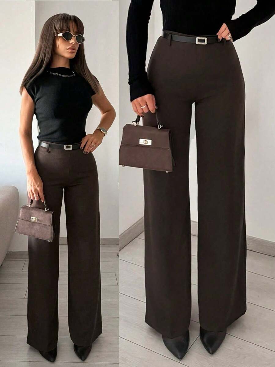 SMILE CHI Women's Casual Elastic Straight Leg Dress Pants, Autumn Back To School, Commute Daily Office Wear (Belt Not Included)