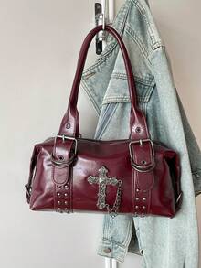 Shoulder Bag With Rivet Decor, Detachable Strap And Zipper Closure, Cool Style Underarm Bag, Women's Bag, Unique Niche Design, Suitable For Daily Outings, Dates, Commuting And Casual Crossbody Wear - Burgundy - View 6