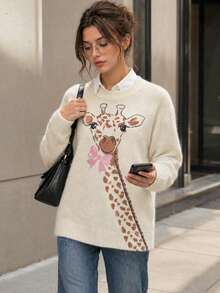 Women's Cute Giraffe Print Ribbed Knit Pullover Sweater, Long Sleeve, Regular Fit, Medium Stretch, Ideal For Autumn/Winter Fall - Apricot - View 2
